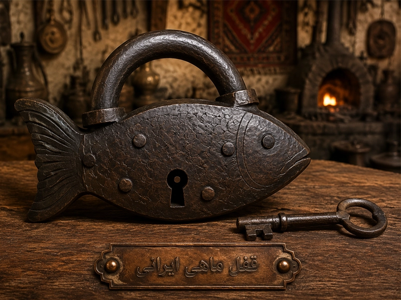 قفل ماهی ایرانی با فرم تزئینی و کلید فلزی سنتی
